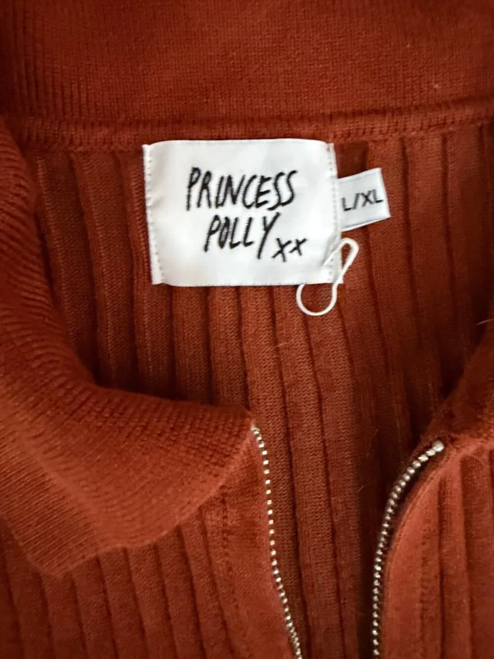 Princess Polly Collared Rib Knit Y2K Zip Up Sweater Top Rust Brown Fitted L/XL